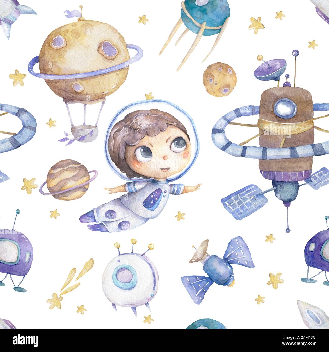 Mignonne garçon astronaute avec fusée et planètes arrière-plan modèle sans couture aquarelle colorée cosmique dessin animé d'enfant avec étoiles et ballon d'air Banque D'Images