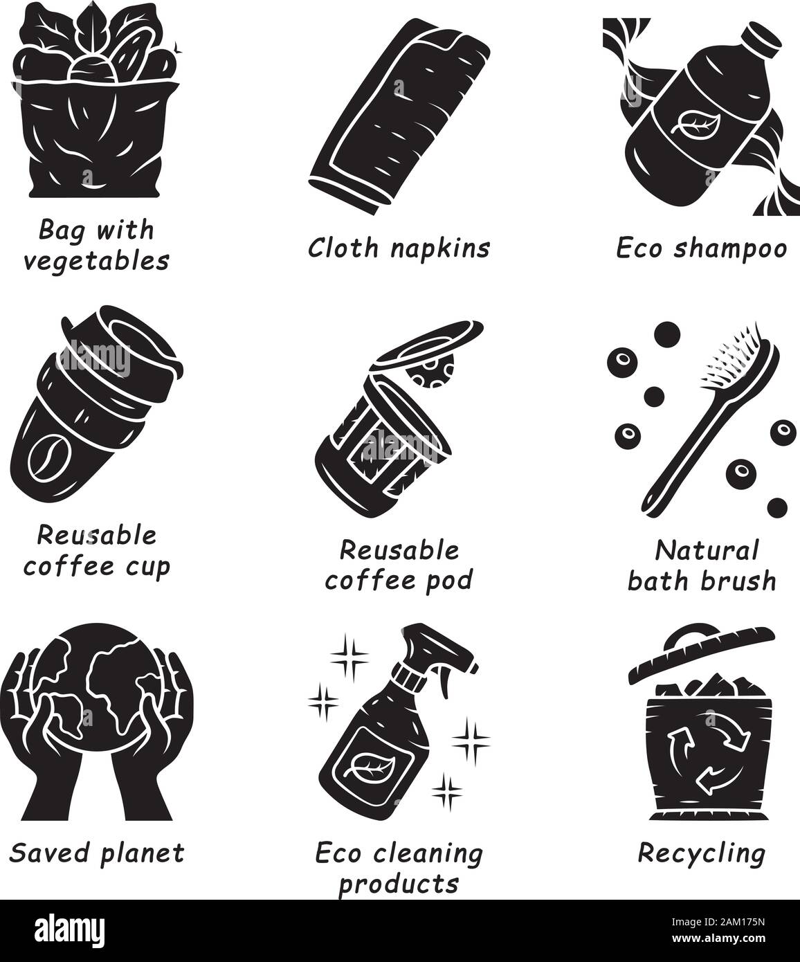Swaps zéro déchet glyphe fait main icons set. Ecologique, produits, matériaux durable. Tasse à café réutilisable, shampoing eco brosse. Symbole de Silhouette. N Illustration de Vecteur