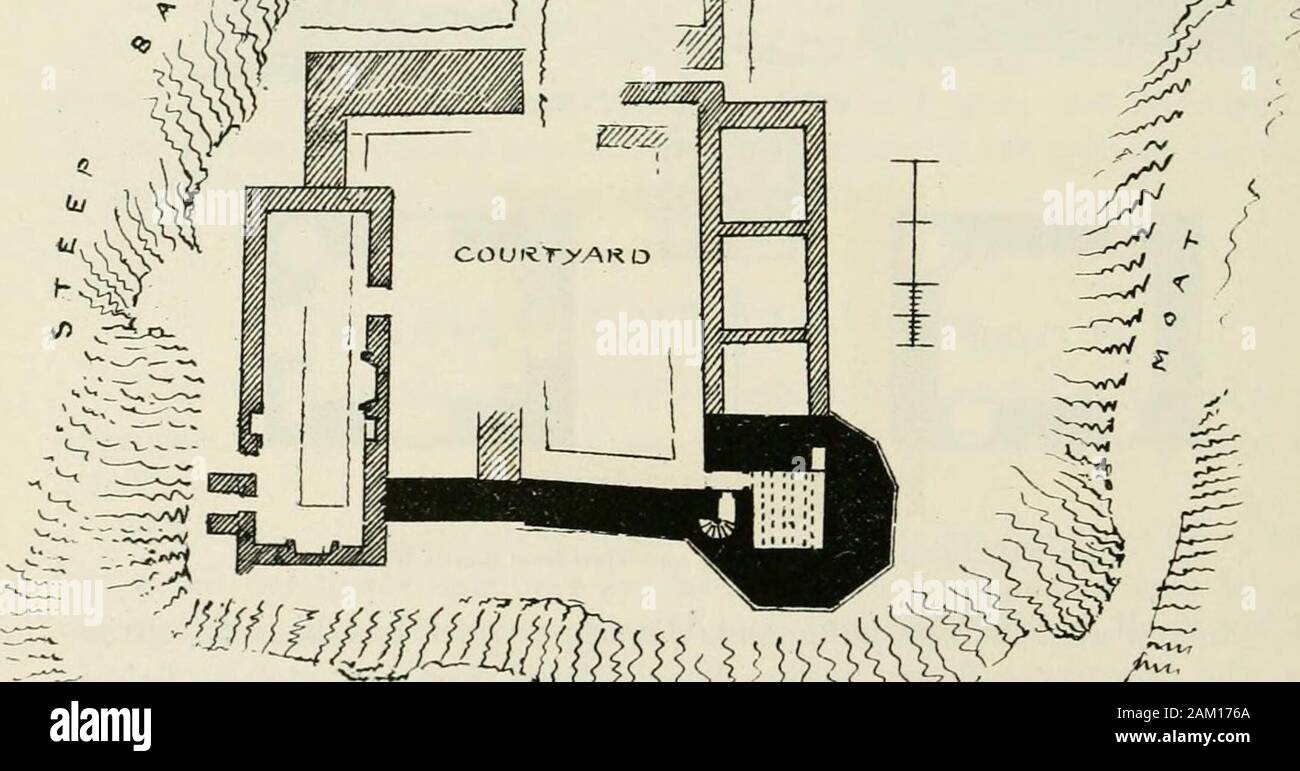 L'architecture domestique et de l'Écosse, du xiie au xviiie siècle . eet au-dessus du sol, et est étroit, les montants ayant un moule cavetto- Quatrième période 352 TERRINGZEAN ing château autour d'eux. L'accès à l'dooi a été biens meubles, comme deux corbelsprojected du mur pour soutenir le platt, dont l'un demeure.L'actuel vieux windows sont peu nombreuses et petites ; d'autres, avec cheminées,serait effacé en faisant la grande fenestration, &c. Dans la partie ouest, il est inséré au-dessus du sommet de la grand panneau asquare pierre avec l'Eglinton arms cut sur elle (s Banque D'Images