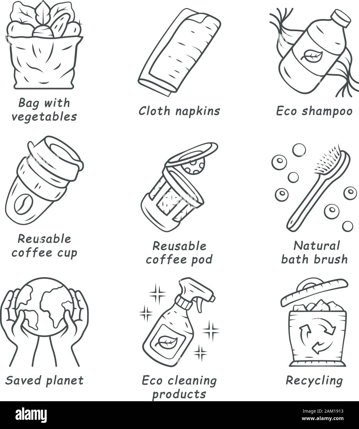 Swaps zéro déchet linéaire fait main icons set. Produits écologiques. Tasse à café réutilisable eco, shampoing, brosse naturelle. Fine ligne contour des symboles. Isoler Illustration de Vecteur