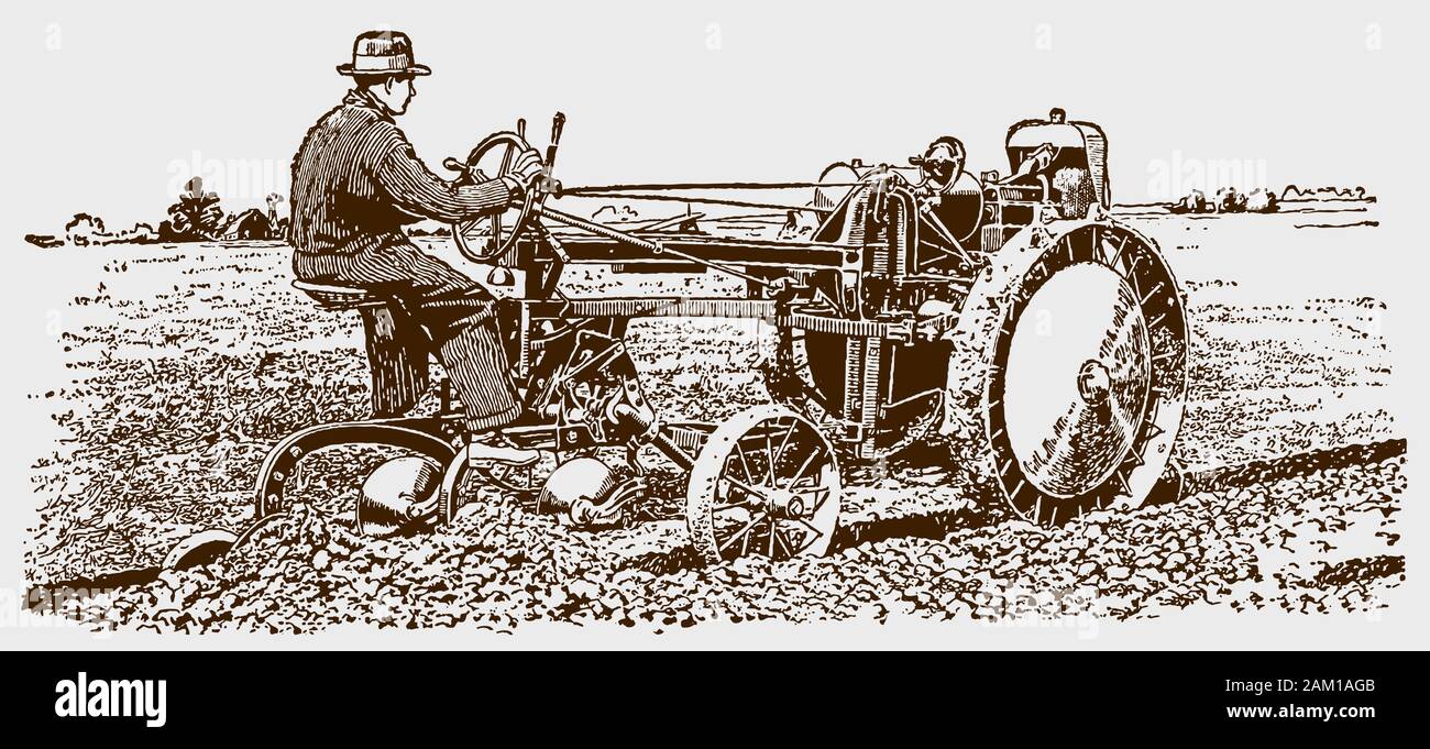Agriculteur historique conduisant sa charrue tracteur dans un champ. Illustration après une gravure du début du xxe siècle Illustration de Vecteur