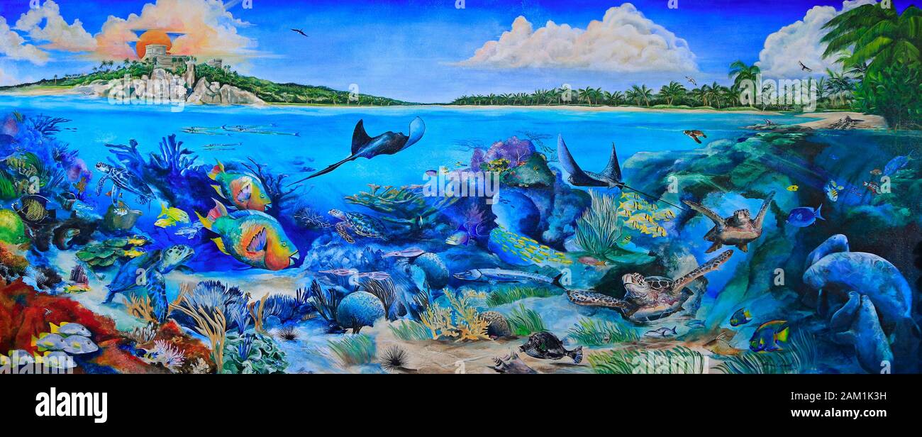 Peinture murale (murale) de la baie Akumal et des ruines de Tulum, incluant la faune sous-marine, Riviera Maya., Mexique. Banque D'Images