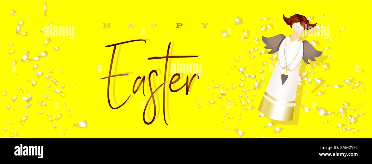L'affiche de Pâques et modèle de page avec ange sur un fond jaune vif. Félicitations et cadeaux pour Pâques. Promotion et modèle commercial. Gol Illustration de Vecteur