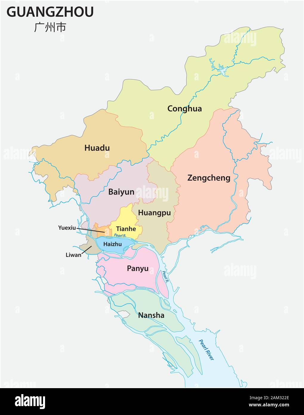 Carte du District de Guangzhou, dans le sud de la Chine Illustration de Vecteur