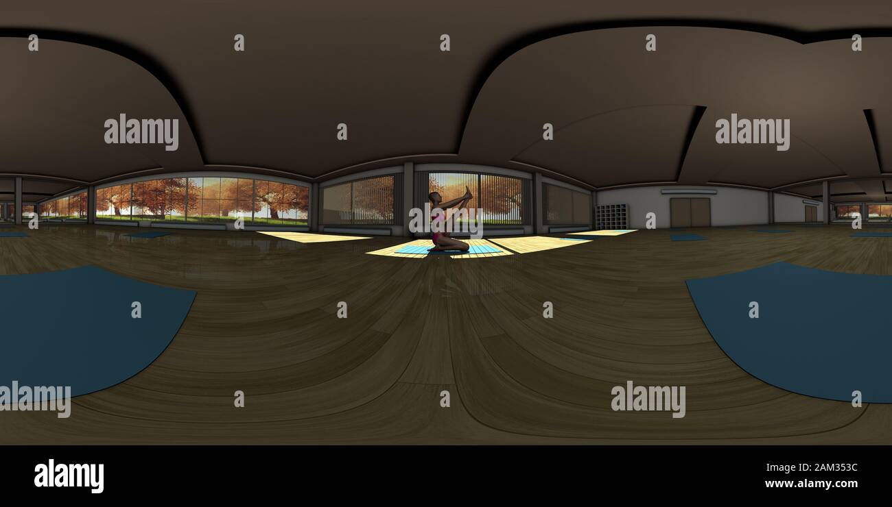 VR 360 jeune femme Faisant La Pose d'héron dans Yoga Studio Illustration tridimensionnelle Banque D'Images