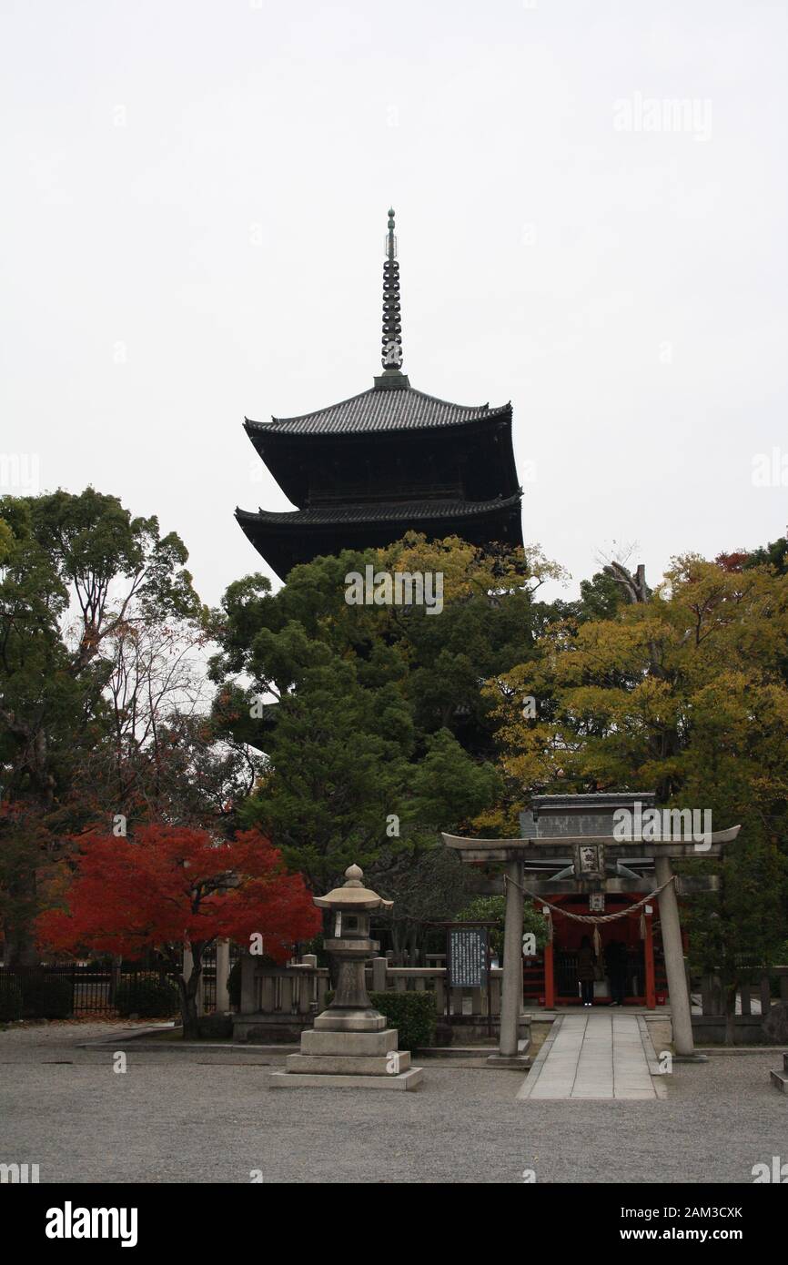 Sanctuaire japonais avec le temple Toji à la distance. Kyoto, Japon. Novembre 2019 Banque D'Images