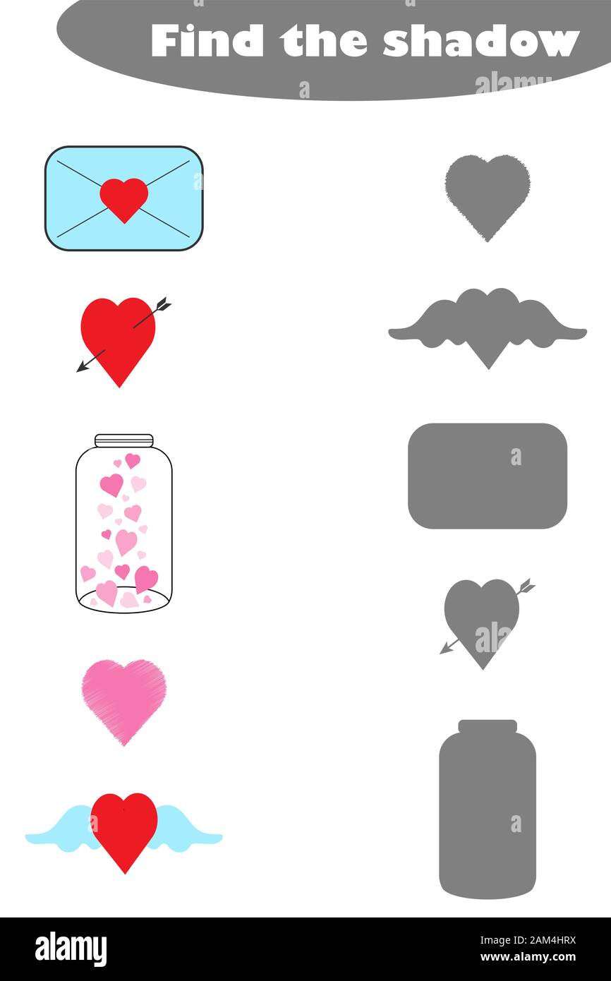 Trouver l'ombre, Valentines Day jeu pour enfants dans un style cartoon, l'éducation game pour enfants d'âge préscolaire, de l'activité Feuille de tâche, pour le développement de Illustration de Vecteur