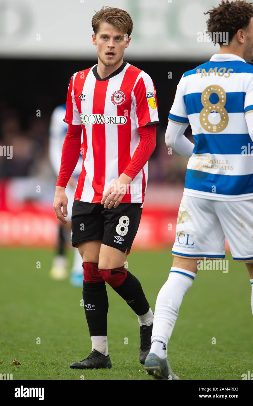 Londres, Royaume-Uni. 11Th Jan, 2020. Mathias Jensen de Brentford au cours de l'EFL Sky Bet match de championnat entre Brentford et Queens Park Rangers à Griffin Park, Londres, Angleterre le 11 janvier 2020. Photo par Salvio Calabrese. Usage éditorial uniquement, licence requise pour un usage commercial. Aucune utilisation de pari, de jeux ou d'un seul club/ligue/dvd publications. Credit : UK Sports Photos Ltd/Alamy Live News Banque D'Images