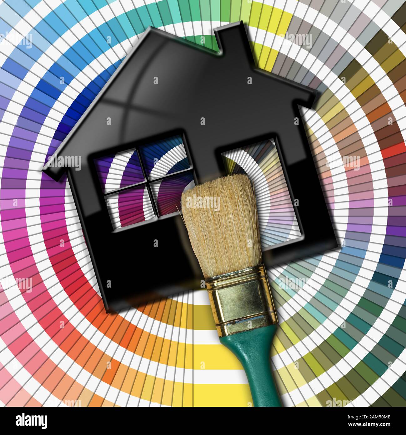 Gros plan d'un pinceau, photographie, sur une maison de modèle noire, illustration tridimensionnelle, sur un guide de palette de couleurs. Concept d'amélioration de la maison Banque D'Images
