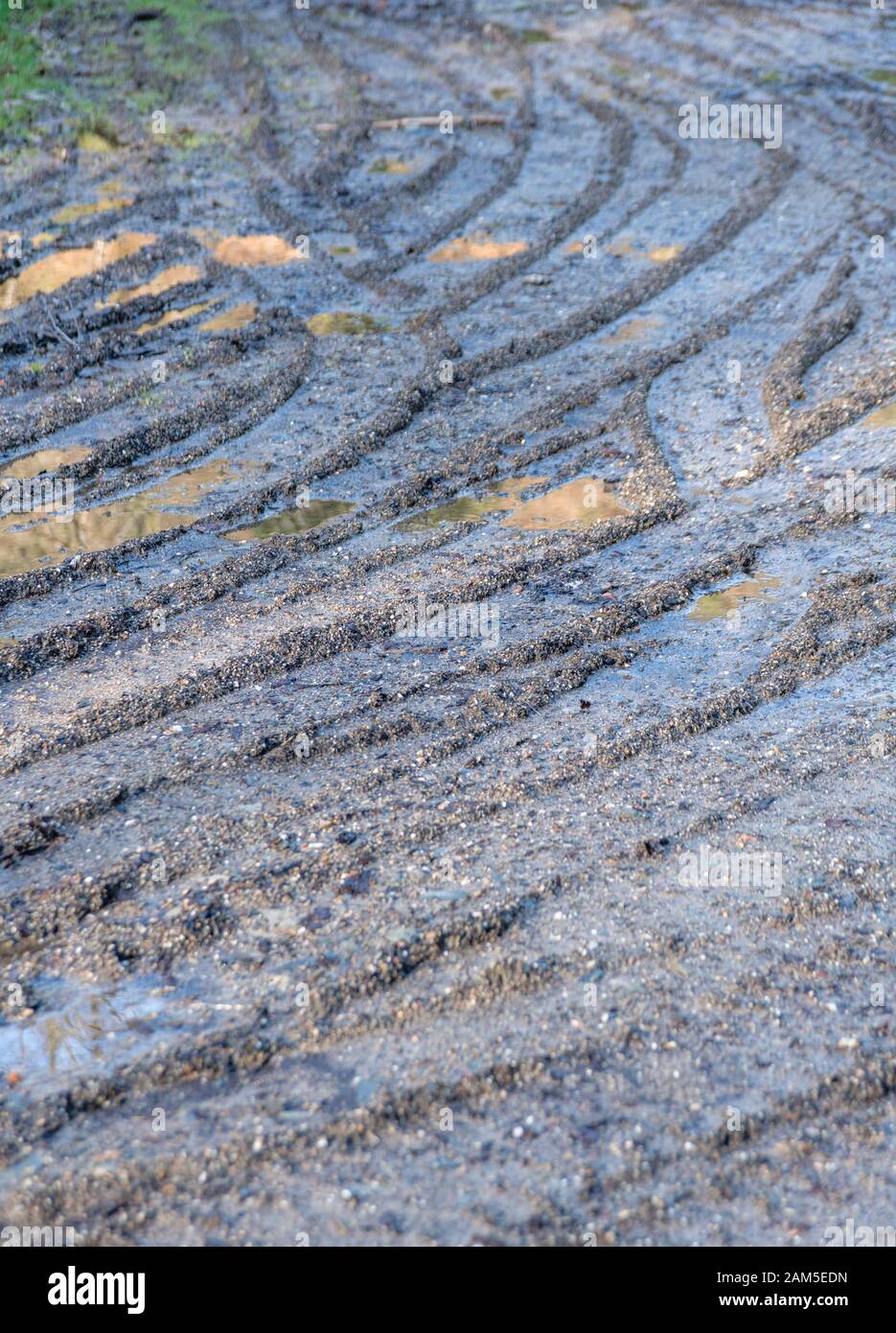 Des traces de pneu dans le champ boueux. Métaphore s'enliser, saisonniers de l'hiver. Résumé des courbes, des pistes de véhicules incurvée. Banque D'Images