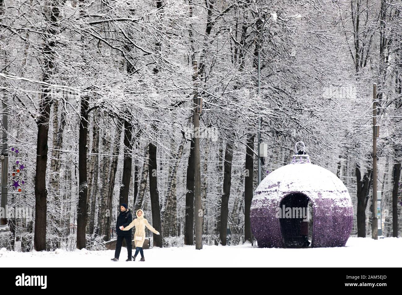 Un jeune couple se promène dans un parc couvert de neige dans la région de Moscou, Russie Banque D'Images