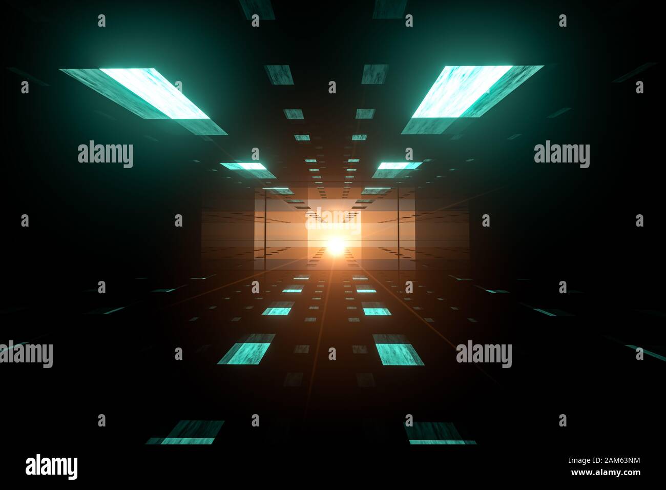 Le tunnel sombre et brillant avec une lumière brillante, une scène fantastique, un rendu 3d. Dessin numérique informatique. Banque D'Images