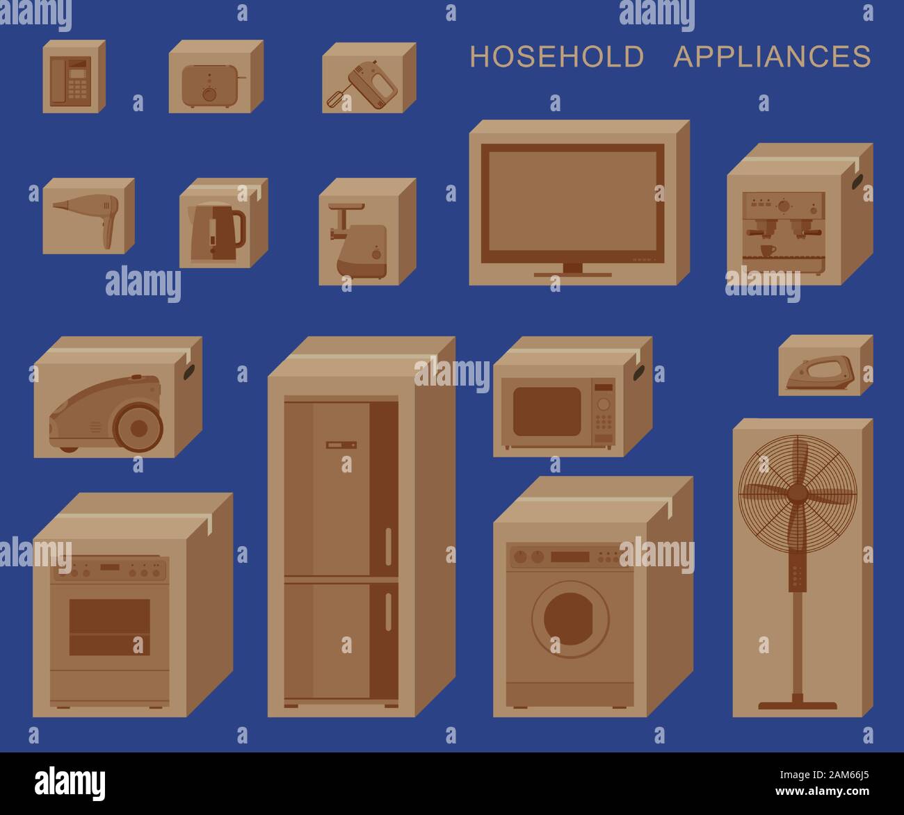 Les appareils électroménagers dans des boîtes. Boîtes de carton avec des appareils Illustration de Vecteur