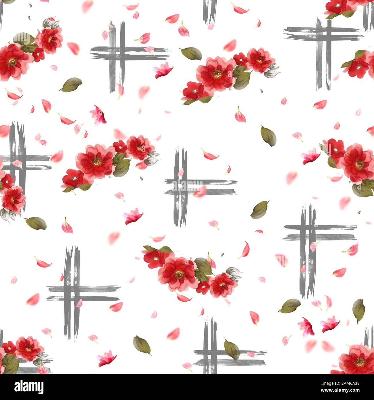 Fleurs aquarelle rouge avec des traits géométriques sur fond blanc. Les feuilles. - Illustration Banque D'Images