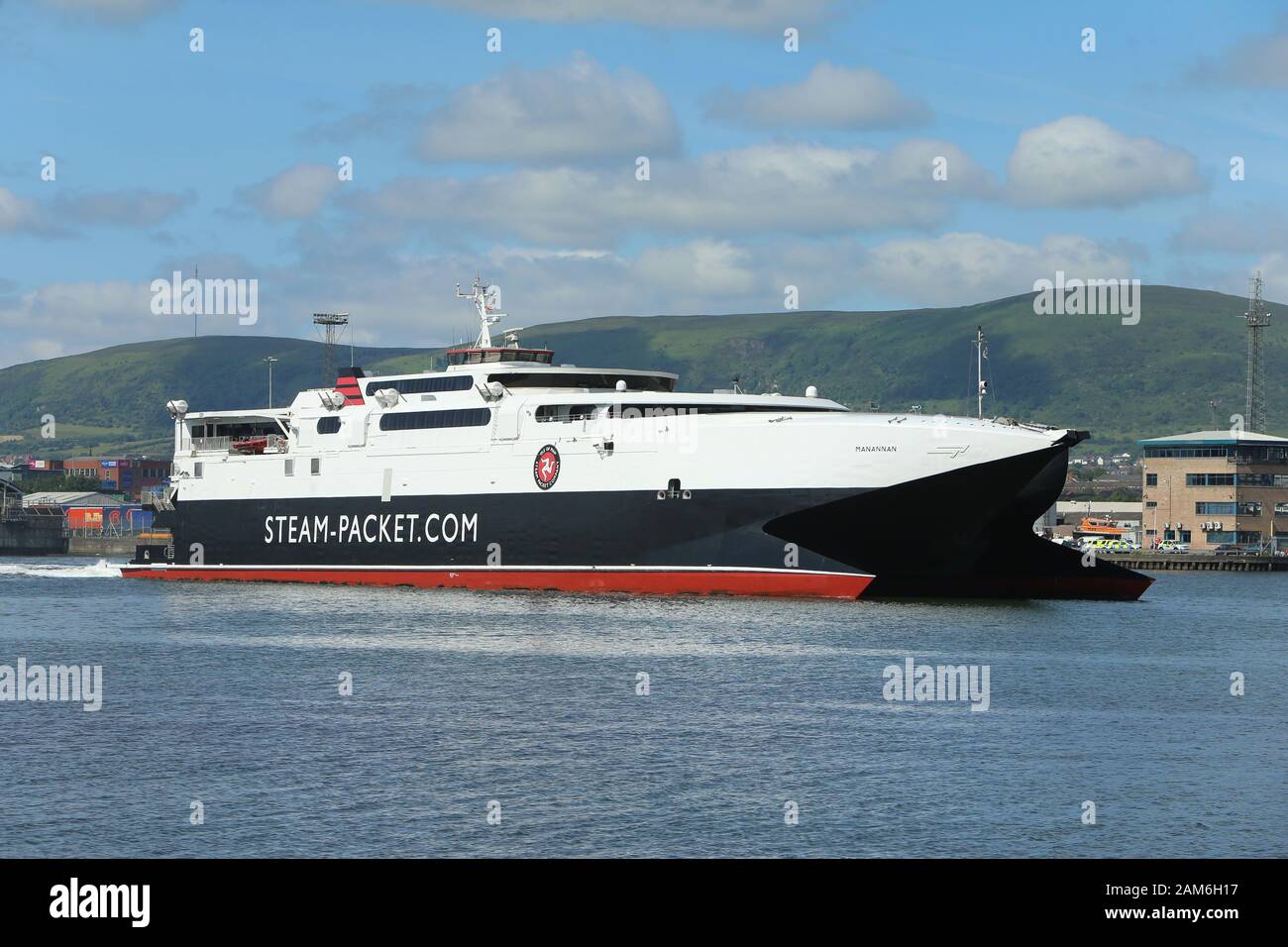 La Belfast à Liverpool ferry, 'Mananna' via l'île de Man quitte Port de Belfast, le mercredi 3 juillet 2019. Banque D'Images