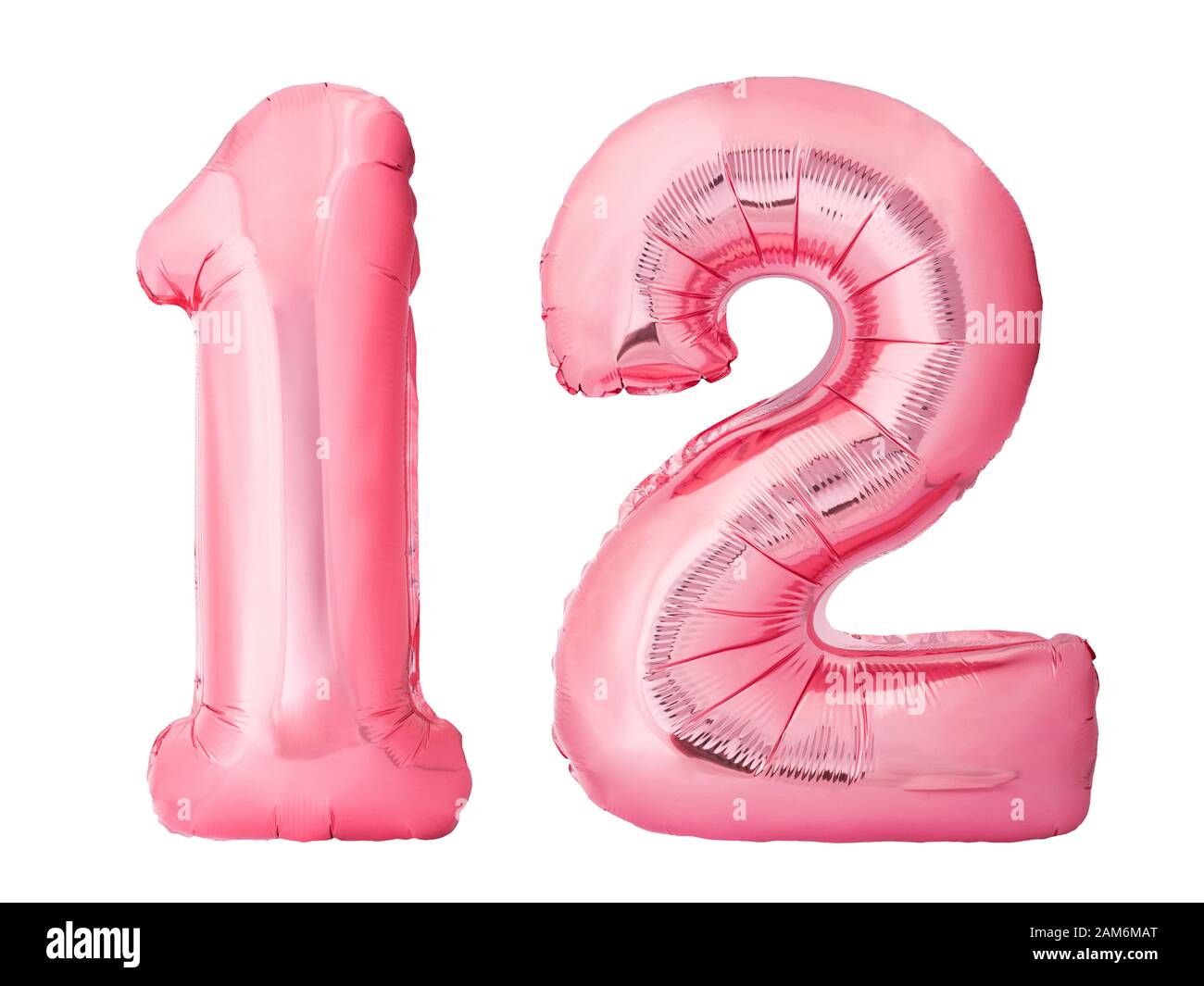 Numéro 12 douze en or rose ballons gonflables isolés sur fond blanc Banque D'Images