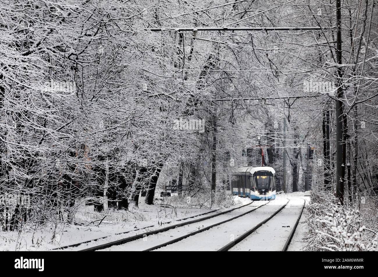Un tramway longe une route dans une forêt enneigée à Moscou, en Russie Banque D'Images