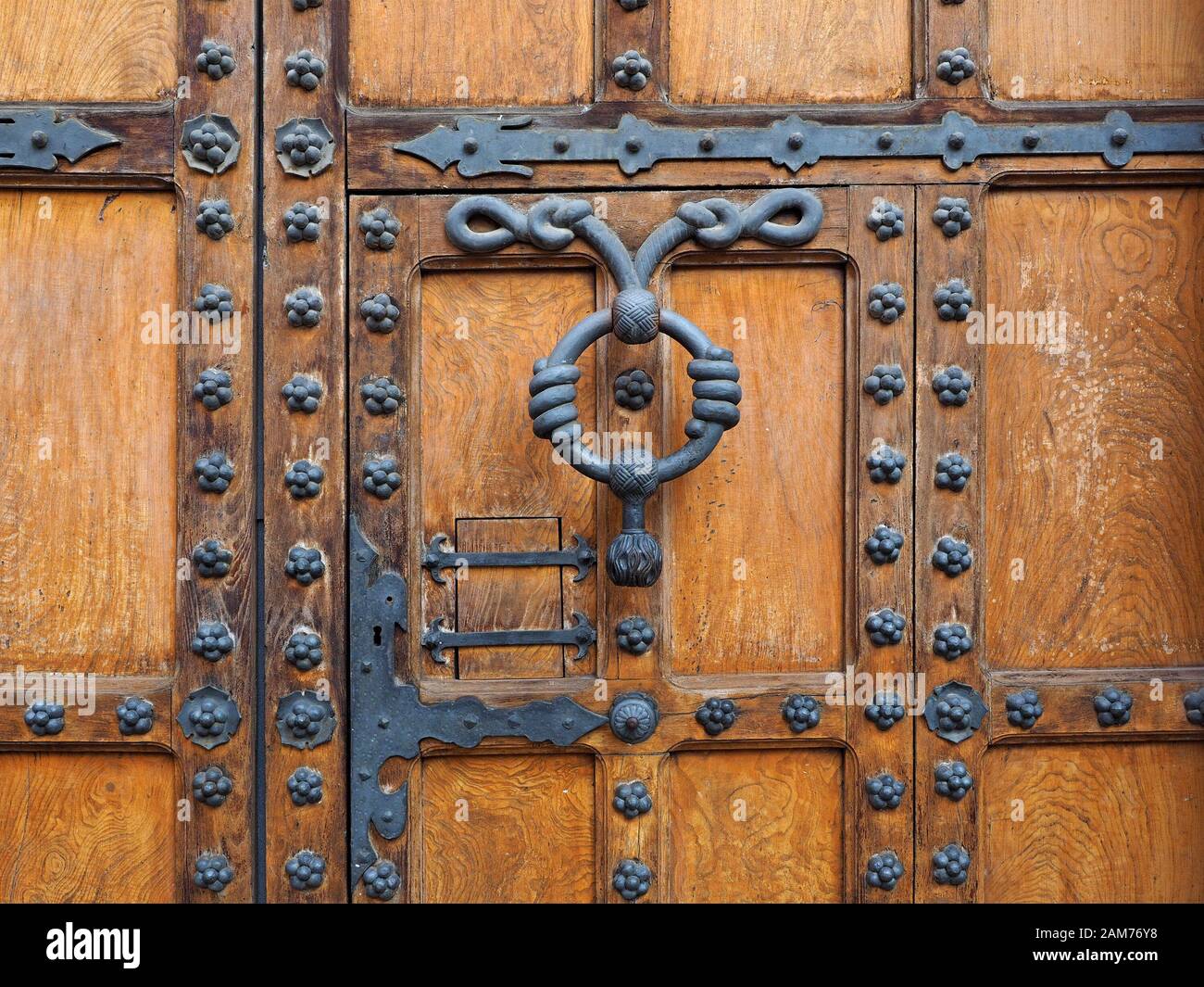 Détail de ferronnerie ouvragée en bois sur porte d'entrée à l'église de Santa Agueda dans Burgos, Pays Basque, Espagne Banque D'Images