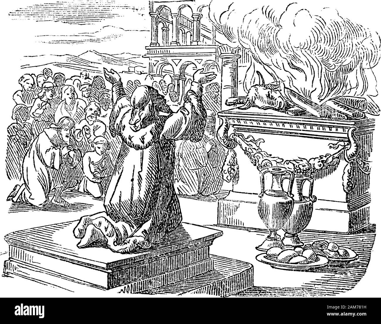 Dessin de ligne vintage ou gravure de l'histoire biblique du roi Salomon priant et sacrifiant à Dieu après avoir terminé le temple. Bible, Ancien Testament, 2 Chroniques 7. Biblische Geschichte , Allemagne 1859. Illustration de Vecteur