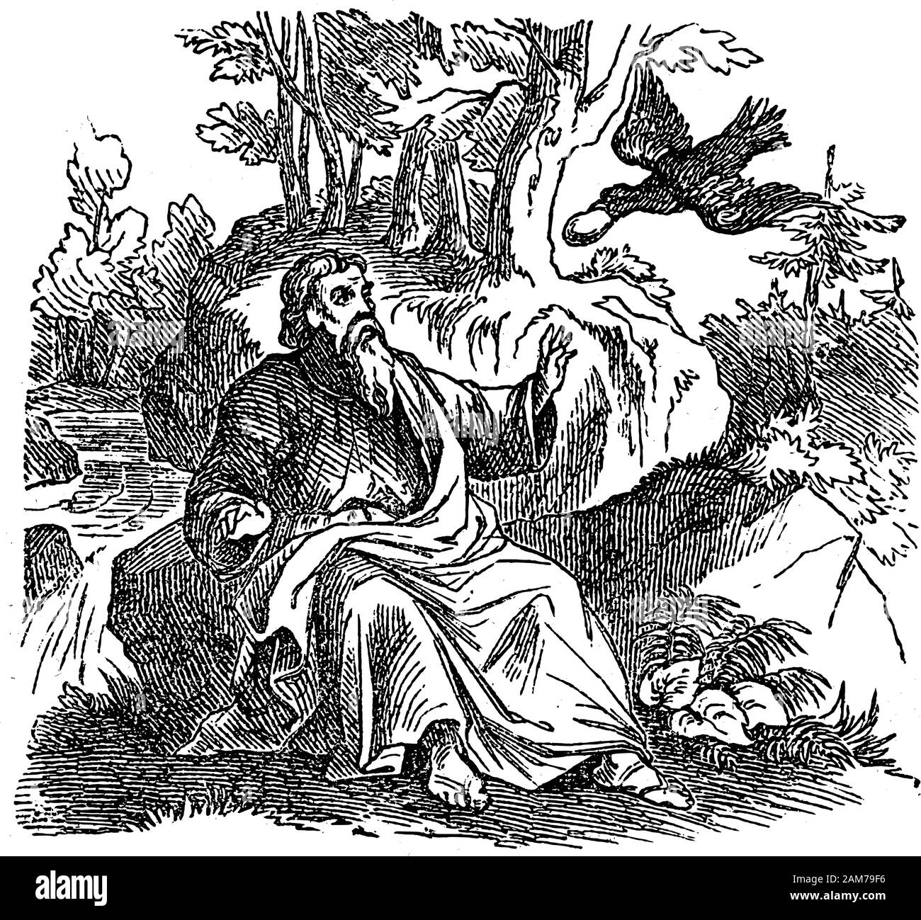 Dessin de ligne vintage ou gravure de l'histoire biblique du prophète Élie nourrie par des corbeaux. Bible, Ancien Testament, 1 Rois 17. Biblische Geschichte des alten und neuen Testaments, Allemagne 1859. Vieil homme en forêt. Illustration de Vecteur
