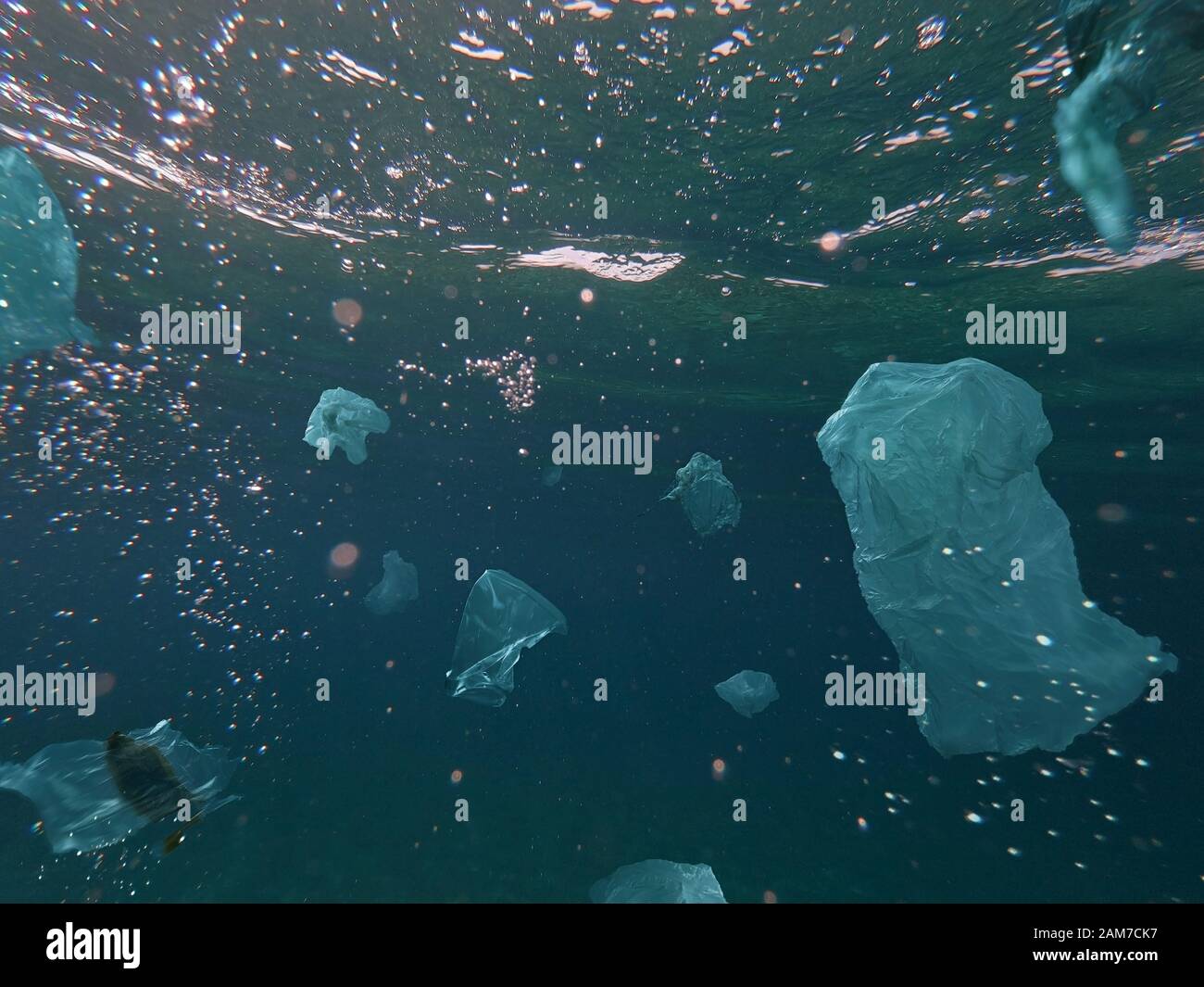 Déchets toxiques de plastique flottant sous l'eau dans l'océan. Problème environnemental mondial. Banque D'Images