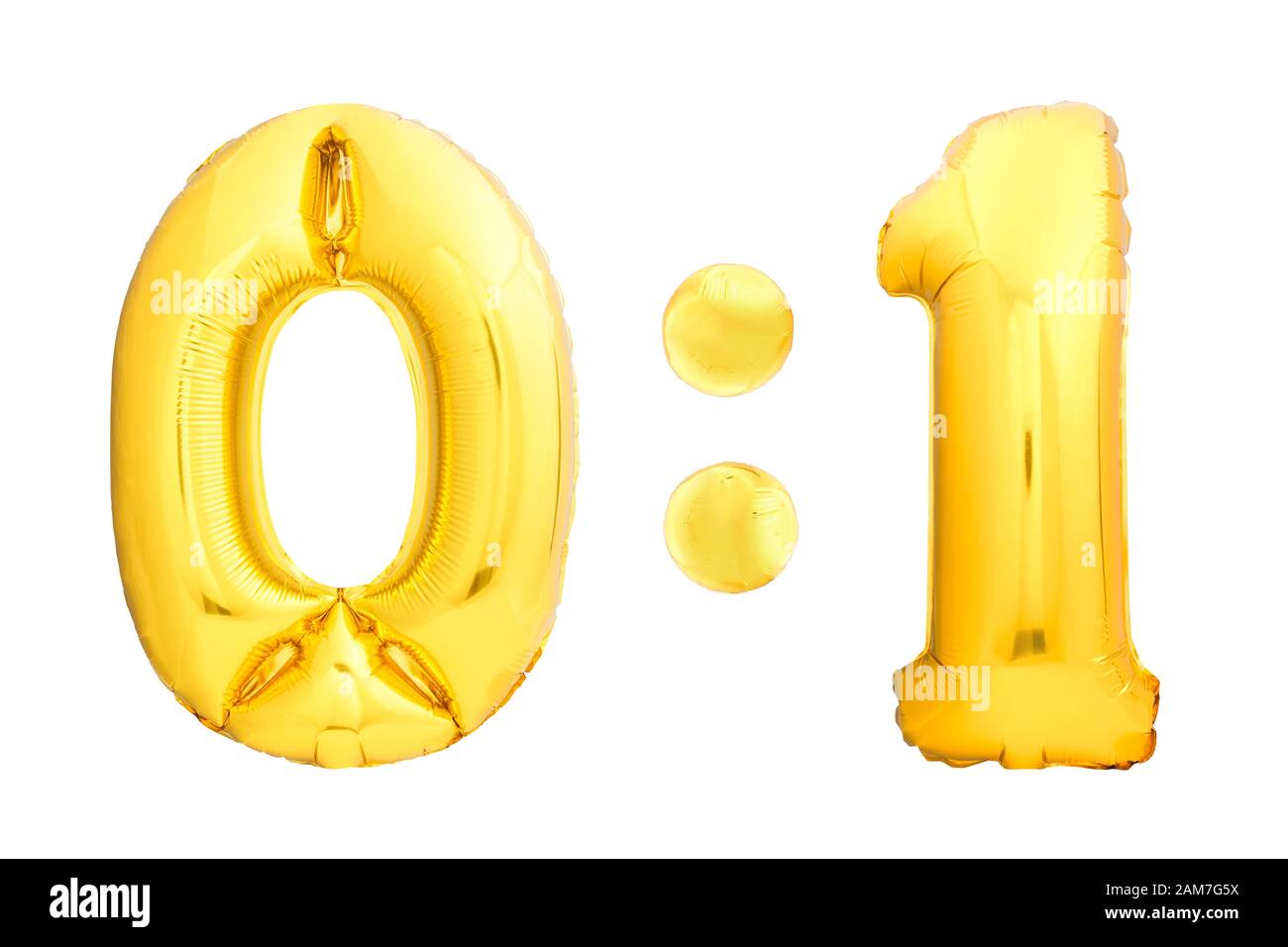 Score de football ou de hockey 0:1 chiffres zéro zéro et un fait de ballons gonflables dorés isolés sur fond blanc. Tableau de bord de la compétition pour enfants Banque D'Images