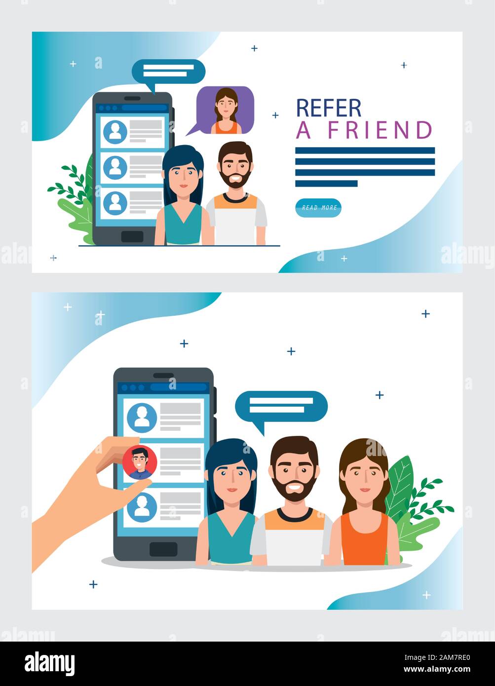 définissez l'affiche de recommander un ami avec des icônes Illustration de Vecteur