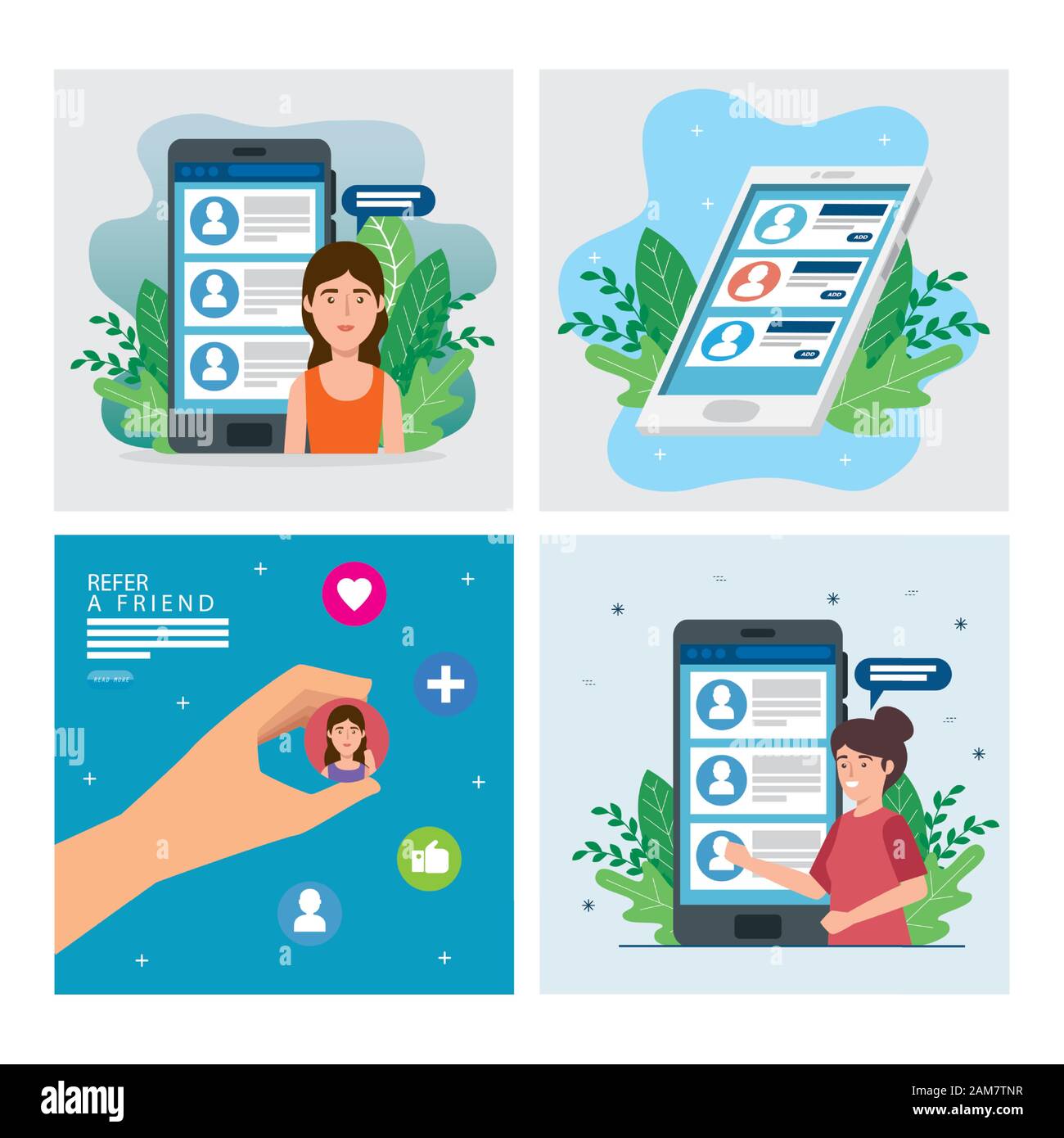 définissez l'affiche de recommander un ami avec des icônes Illustration de Vecteur