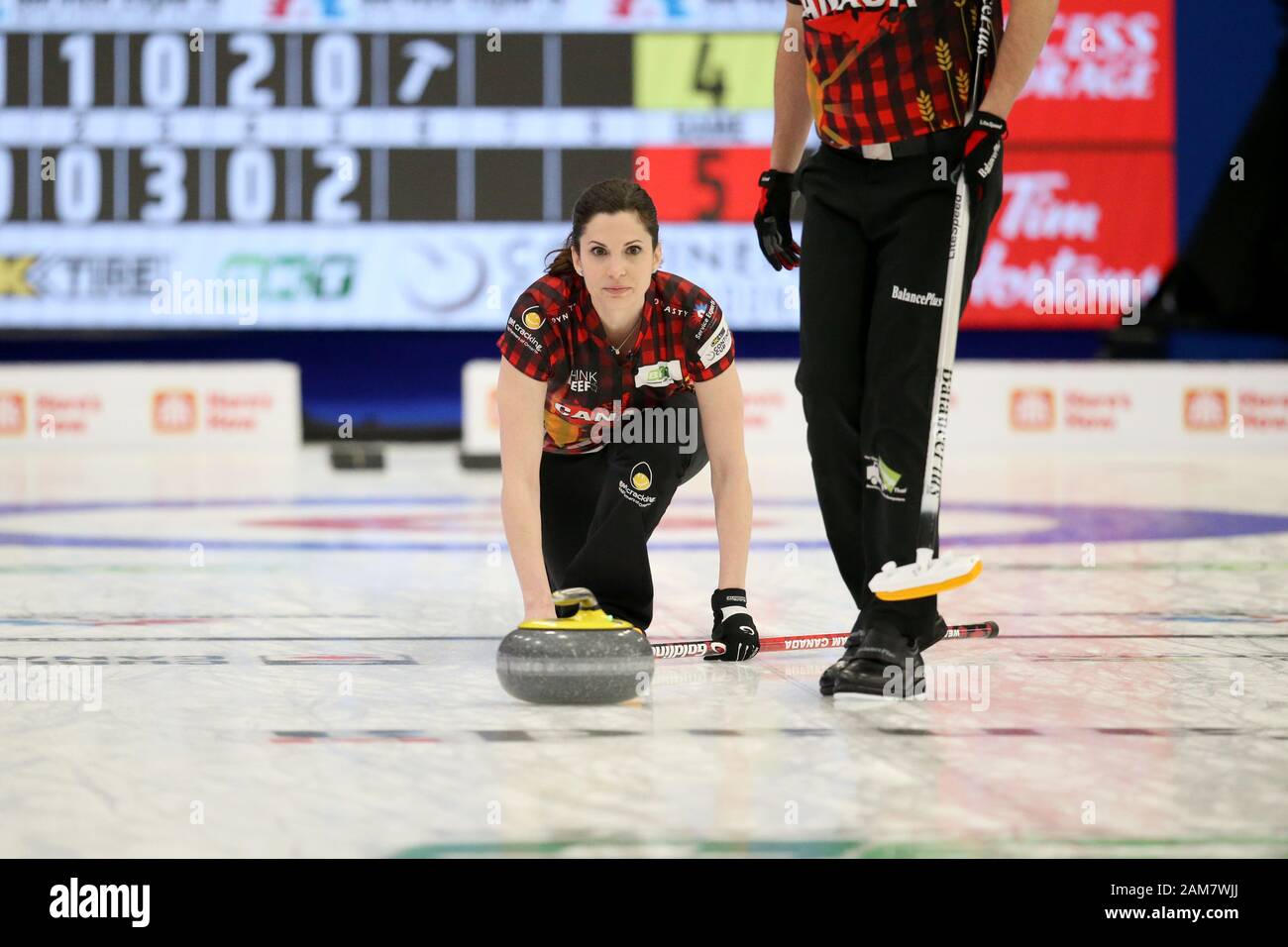 10 Jan 2020, London, Ontario Canada et la Western Fair Sports Complex. Après 8 nulles Team Europe conduit l'Équipe Canada 17,5 -6,5 dans la Coupe Continentale 2020. Équipe Canada Lisa Weagle d'Ottawa (Ontario) fait partie de l'équipe Homan Luc Durda/Alamy live news. Banque D'Images