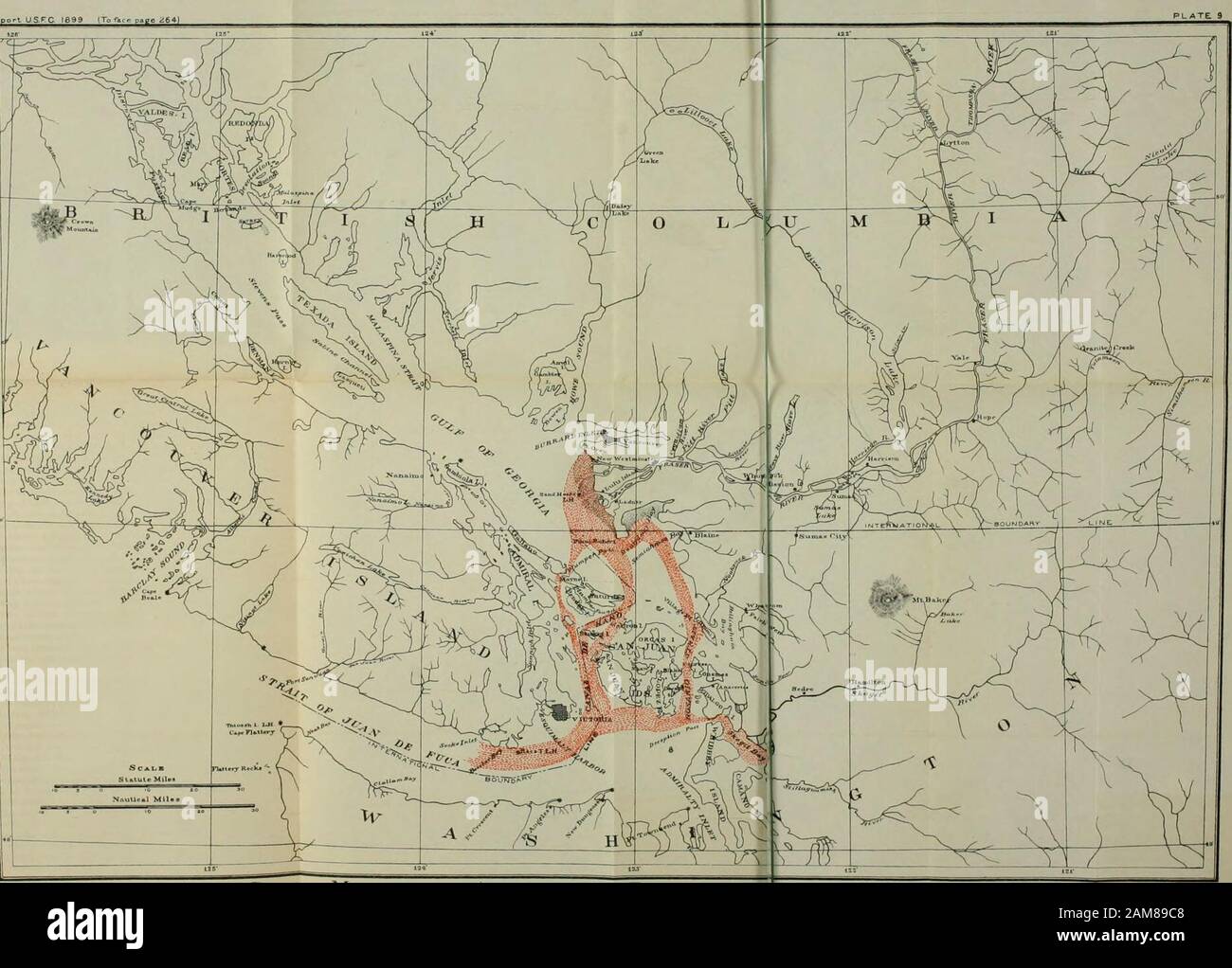 Rapport du Commissaire pour l'année se terminant le 30 juin 1899 . 2 route de la rivière Tht de v. Sketch Map montrant la route approximative de TH; À L'APPROCHE DU Fraser RlVER ET DU SKAGIT RlVER DE Sockeve Salmonhe Strait de Juan de Fuoa FISHERIES DE WASHINGTON ET DE LA COLOMBIE-BRITANNIQUE. 265 sud, mais passe directement et dans des corps successifs à travers, le détroit de Juan de Fuca vers les frayères. Pendant leur passage au-dessus du détroit au moins la majeure partie du poisson semble garder dans le déeperwater ou en dessous de la surface uutil approchant les environs de Victoria.à tout prix, nonobstant un certain stateme Banque D'Images