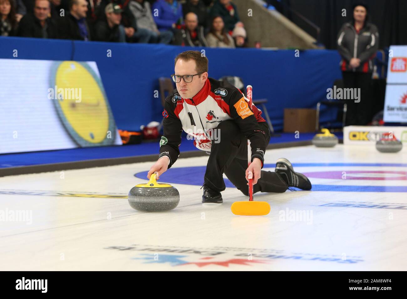 10 janvier 2020, London Ontario Canada et le complexe sportif Western Fair. Après 3 Jours et 9 Séances de curling, équipe Europe dirige 20,5 - 6,5 sur équipe Canada lors de la coupe continentale 2020. Célébrité curling à la coupe continentale - Scott McDonald Luke Durda / Alay Live news. Banque D'Images