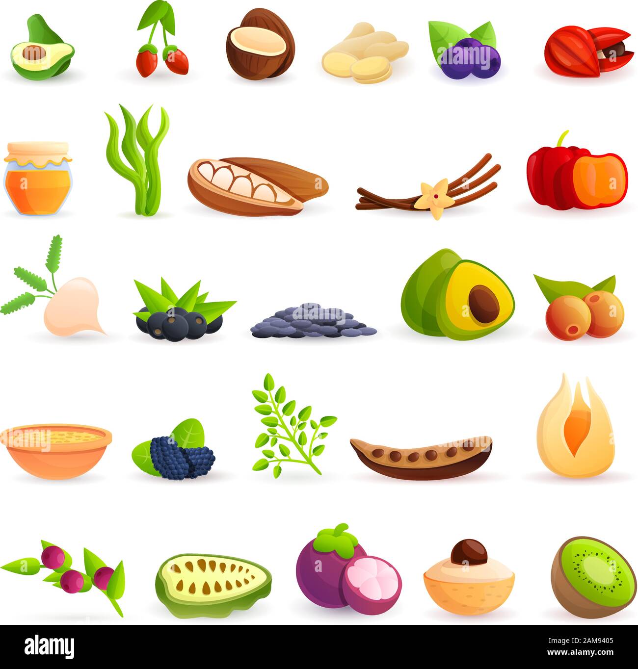 Jeu d'icônes superfood. Ensemble de dessins animés d'icônes vectorielles superalimentaires pour la conception de sites Web Illustration de Vecteur