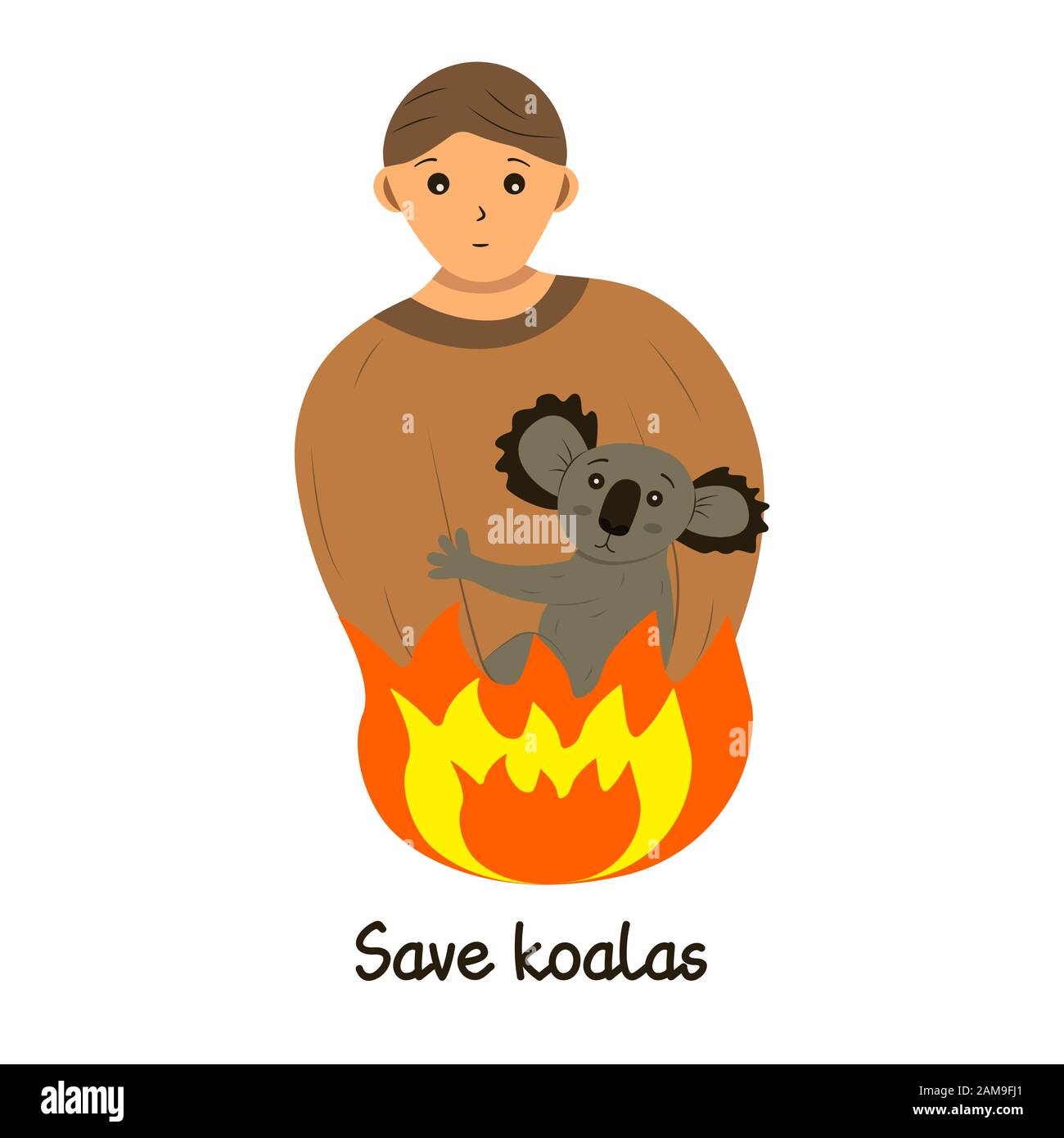 Un homme tient un petit koala dans ses bras. Sauver les animaux des incendies en Australie. Inscription sauvera koalas. Courageux, volontaire et secouriste. Illustration de Vecteur