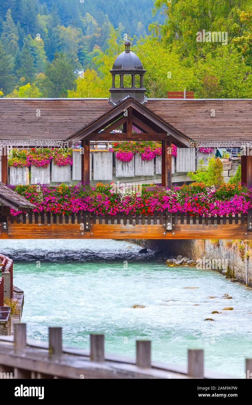 Chamonix Mont-Blanc, France, rivière Arve et pont décoré de fleurs violettes colorées Banque D'Images