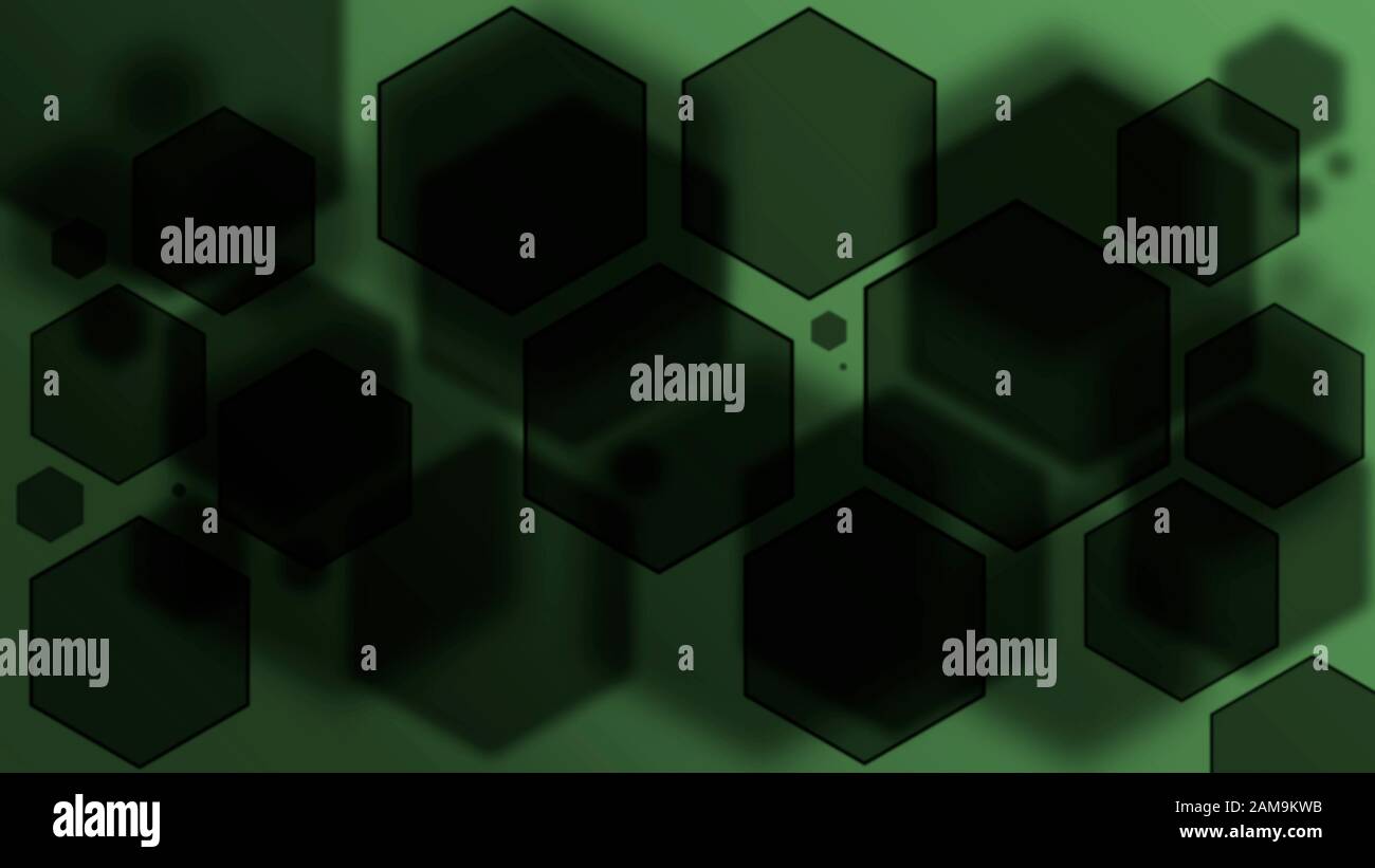 Hexagones noirs sur fond vert abstrait. Effet bokeh noir Banque D'Images