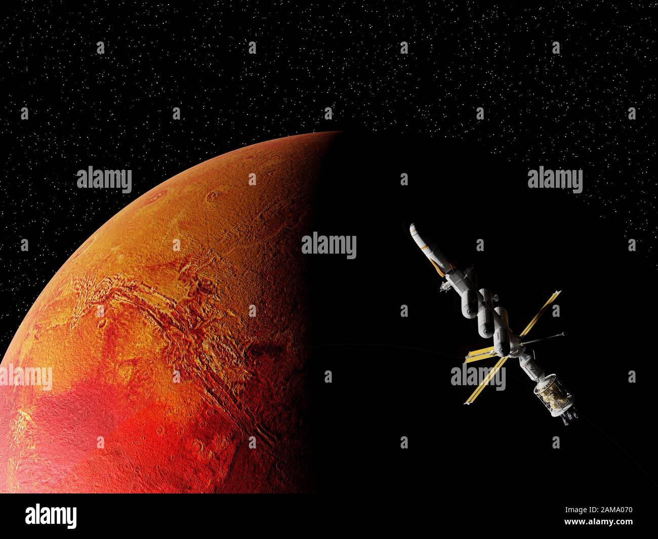 Vaisseau spatial en orbite autour de Mars, le voyage vers la planète rouge Banque D'Images