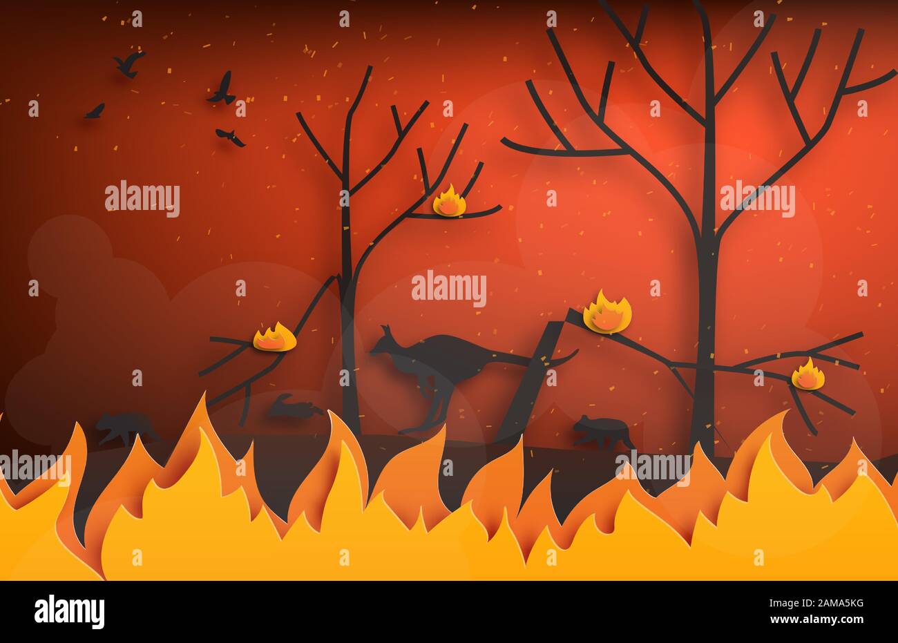 Feux de forêt avec silhouettes d'animaux sauvages fuyant le feu dans le style de coupe de papier. Papier numérique artisanal art. Illustration de Vecteur