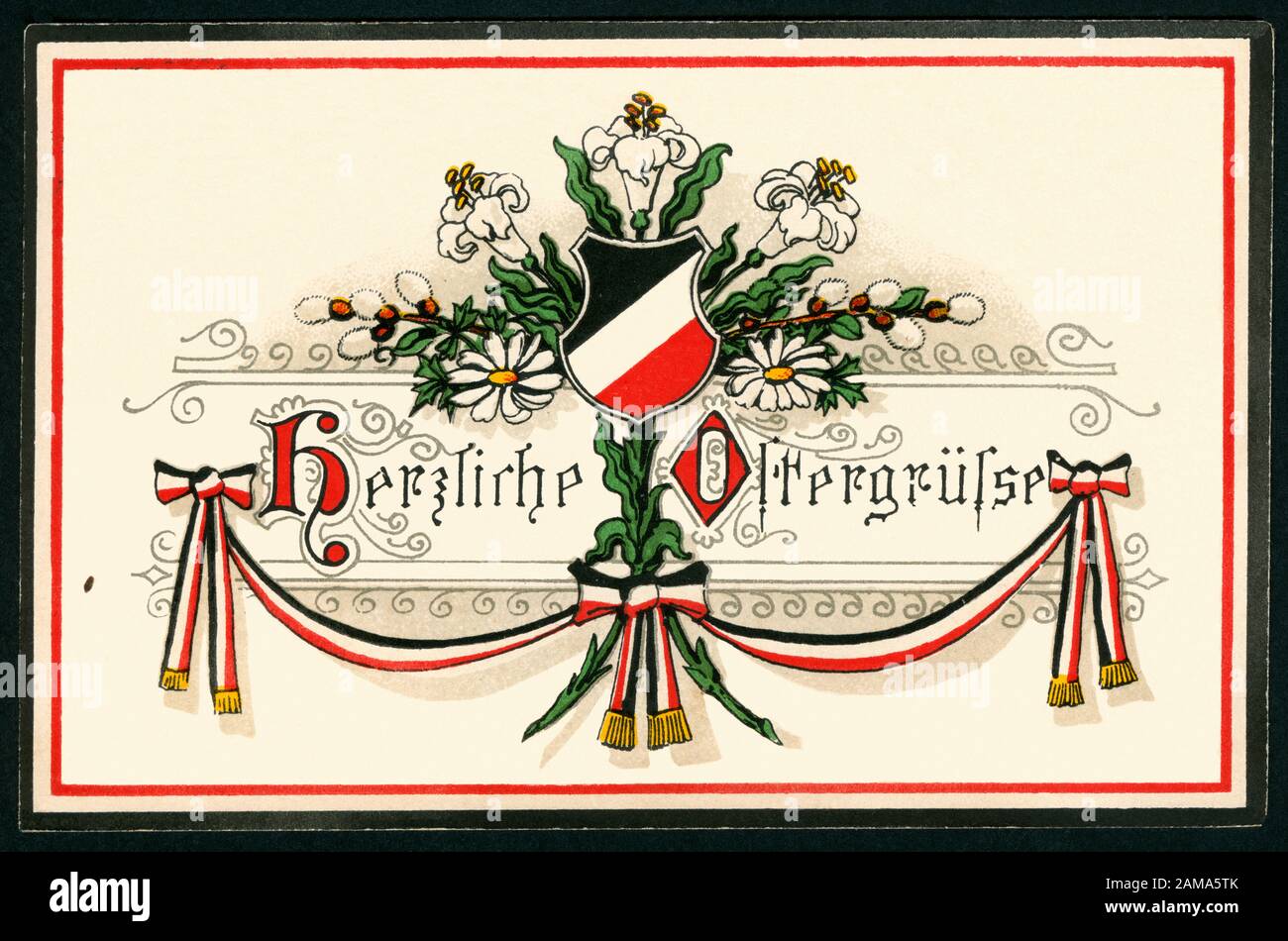 Europa, Deutschland, Niedersachsen, Hanovre, 1. Weltkrieg, Propaganda, patriotische Osterkarte mit dem texte : ' Herzliche Ostergrüße ' und ein Schild und Band mit schwarz-weiß-roten Farben , Postkarte wurde am 03. 04. 1915 verschickt / Europe, Allemagne, Basse-Saxe, Hanovre, WW I , propagande, carte postale patriotique de Pâques avec le texte : ' Les plus Chauds Eastergrees ' et les couleurs noir-blanc-rouge , carte postale envoyée 03. 04. 1915 . Banque D'Images