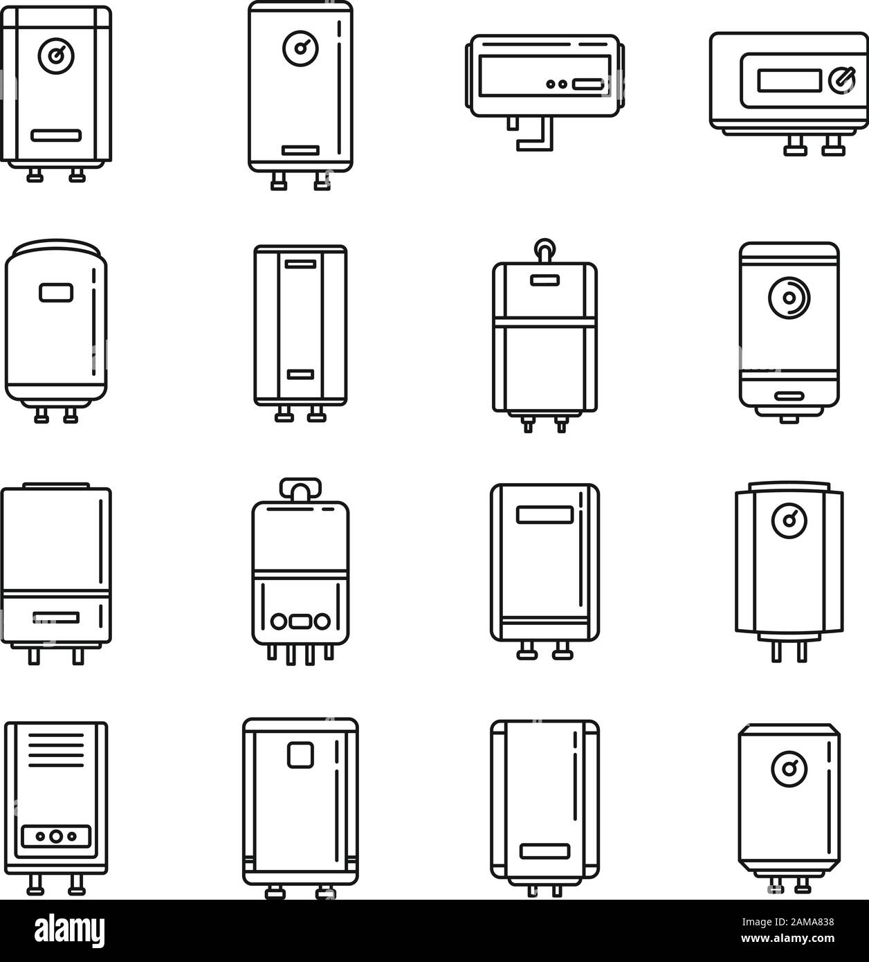 Icônes du chauffe-eau définies. Ensemble de contours d'icônes vectorielles de chaudières à eau pour la conception de sites Web isolés sur fond blanc Illustration de Vecteur