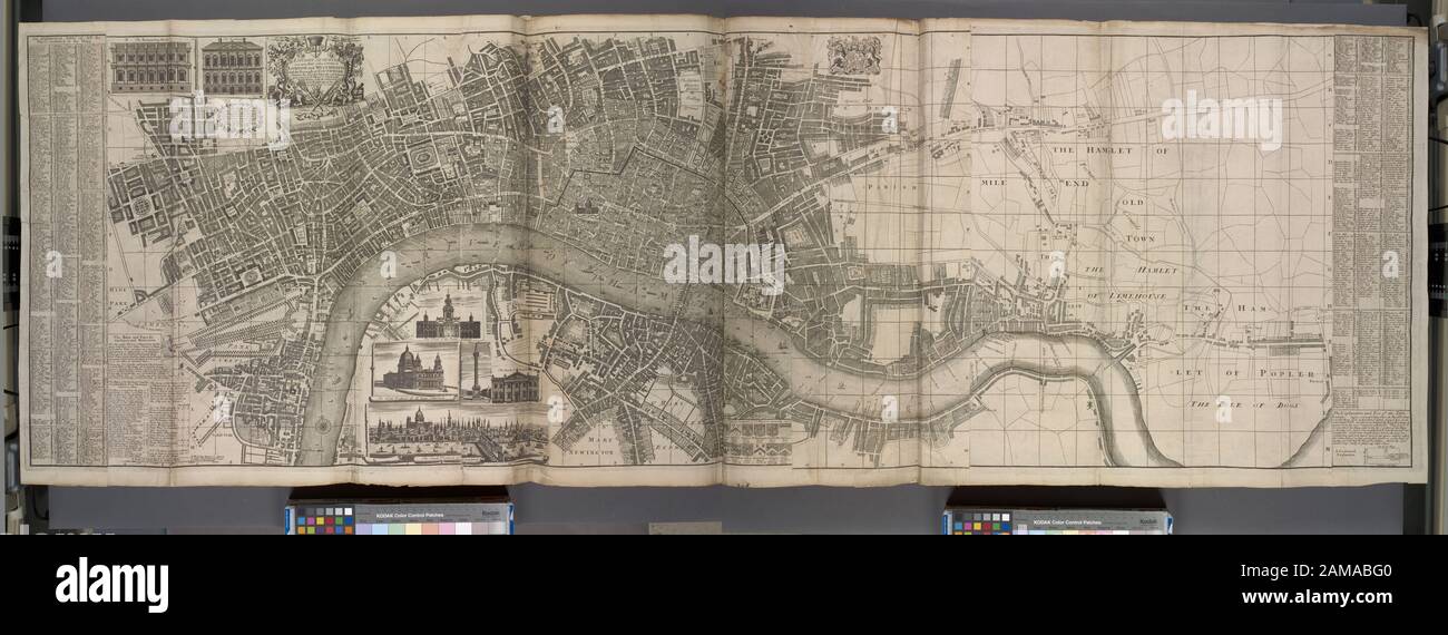 Londres sondée ou une nouvelle carte des villes de Londres et Westminster et de l'arrondissement de Southwark Date basée sur la dernière carte datée, carte de Londres, proche de la fin NN référence: Variante de Phillips 554 Lawrence H. Slaughter Collection ; 329. La copie NYPL inclut la liste des contenus ms sur la feuille prélim. Dotation nationale pour la subvention en sciences humaines pour l'accès aux premières cartes du littoral du Moyen-Atlantique. Relief illustré en image. T.P. manquant ; titre et empreinte du grand format de l'éditeur découpé collé sur le papier de fin de collage avant. Nn; Londres sondée ou une nouvelle carte des villes de Londres et de Wes Banque D'Images