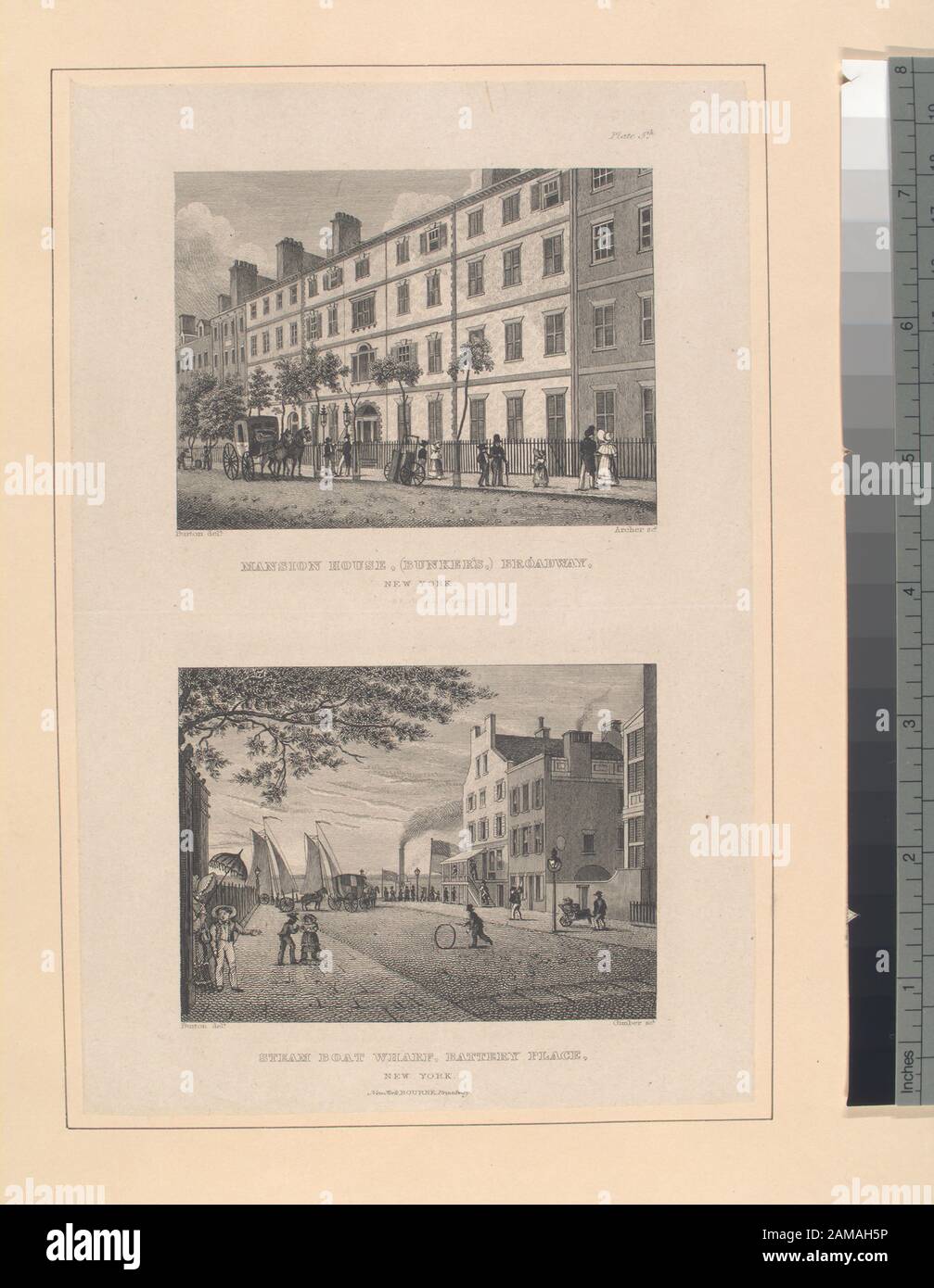 Assiette 5ème maison de manoir (Bunker's), Broadway, New York; quai de bateau à vapeur, Battery Place, New York référence/citation : Stokes P. cond.1-E-59 A-1 Print Division possède un autre ensemble dans la collection Phelps Stokes. Cet ensemble manque de frontispiece et de plaque 19. Citation/référence : Deák 392 référence : Deák 392.5 Maison du manoir dessinée par Burton, gravée par Archer ; quai de bateau à vapeur dessiné par Burton, gravé par Gimber.; plaque 5ème. Mansion House (Bunker's), Broadway, New York ; quai de bateau à vapeur, Battery Place, New York. Banque D'Images