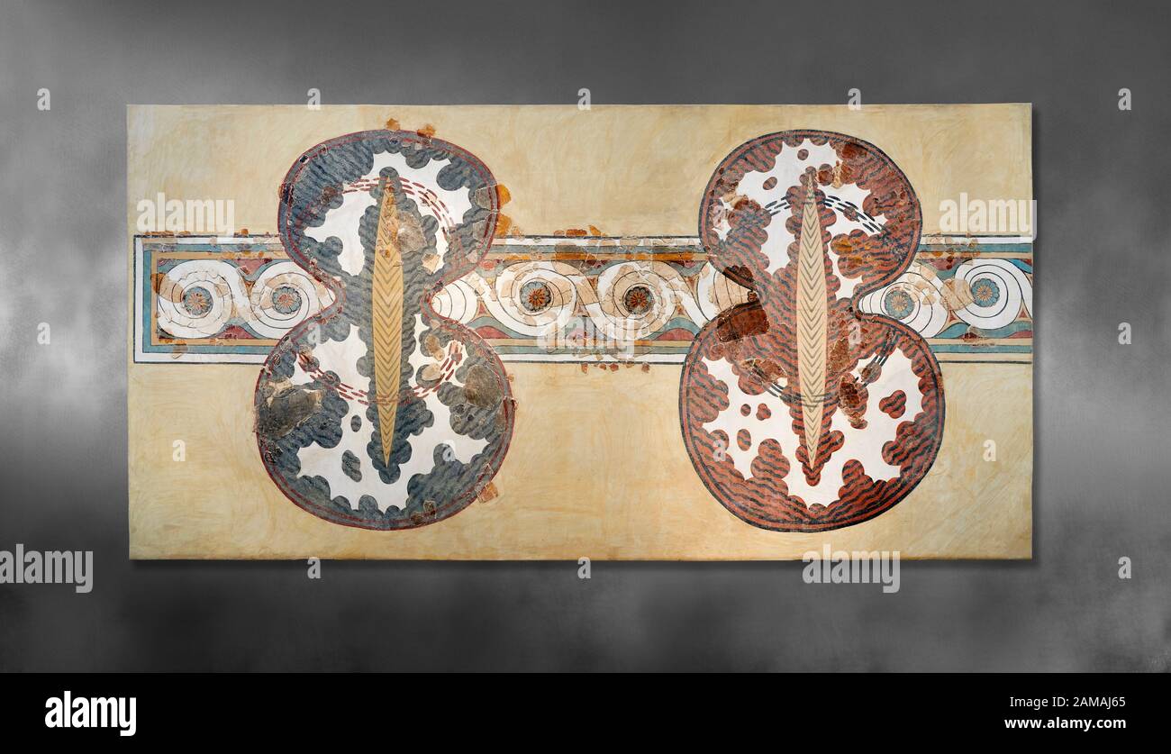 Minoan mur d'art fresco d'un 'figure de huit' bouclier du Palais Knossos, 1450-1300 BC. Musée Archéologique D'Héraklion. Arrière-Plan Gris. La Fina Banque D'Images