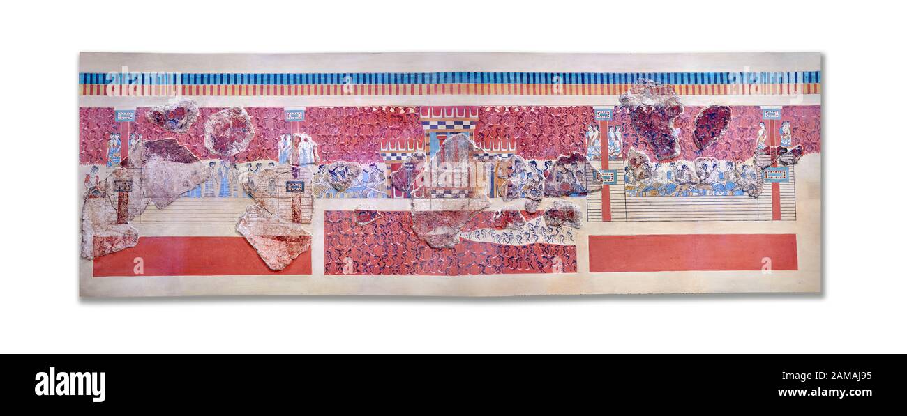 Le Minoan 'Sanctuaire tripartite' ou ;Grand stand Fresco', art mural du Palais Knossos, 1600-1450 av. J.-C. Musée Archéologique D'Héraklion. Fond Blanc Banque D'Images