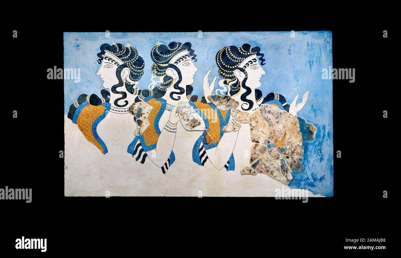 Minoan fresque murale d'art des femmes en bleu du Palais Knossos 1600-1450 av. J.-C. Musée Archéologique D'Héraklion. Fond Noir. Les « Femmes En Bleu » Banque D'Images