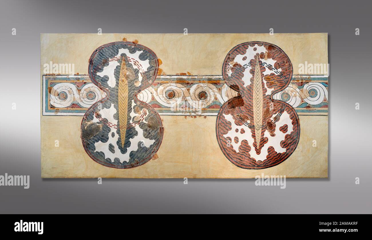 Minoan mur d'art fresco d'un 'figure de huit' bouclier du Palais Knossos, 1450-1300 BC. Musée Archéologique D'Héraklion. Arrière-Plan Gris. La Fina Banque D'Images