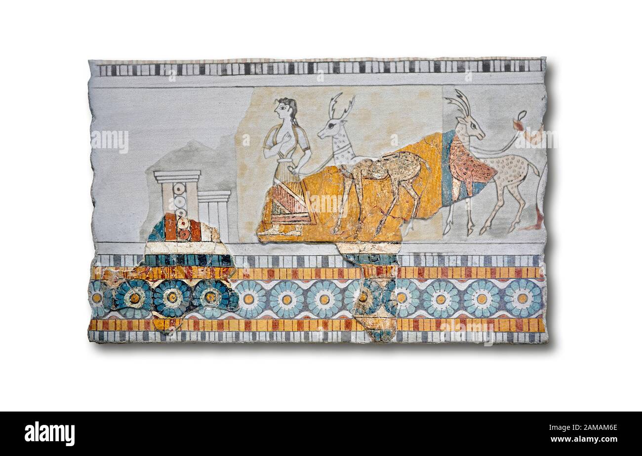 Minoan Wall art freco représentant une procession menant à une chèvre d'Agia Triada (Hagia Triada) Crète. 1450-1300 AV. J.-C. Musée Archéologique D'Héraklion. Whi Banque D'Images