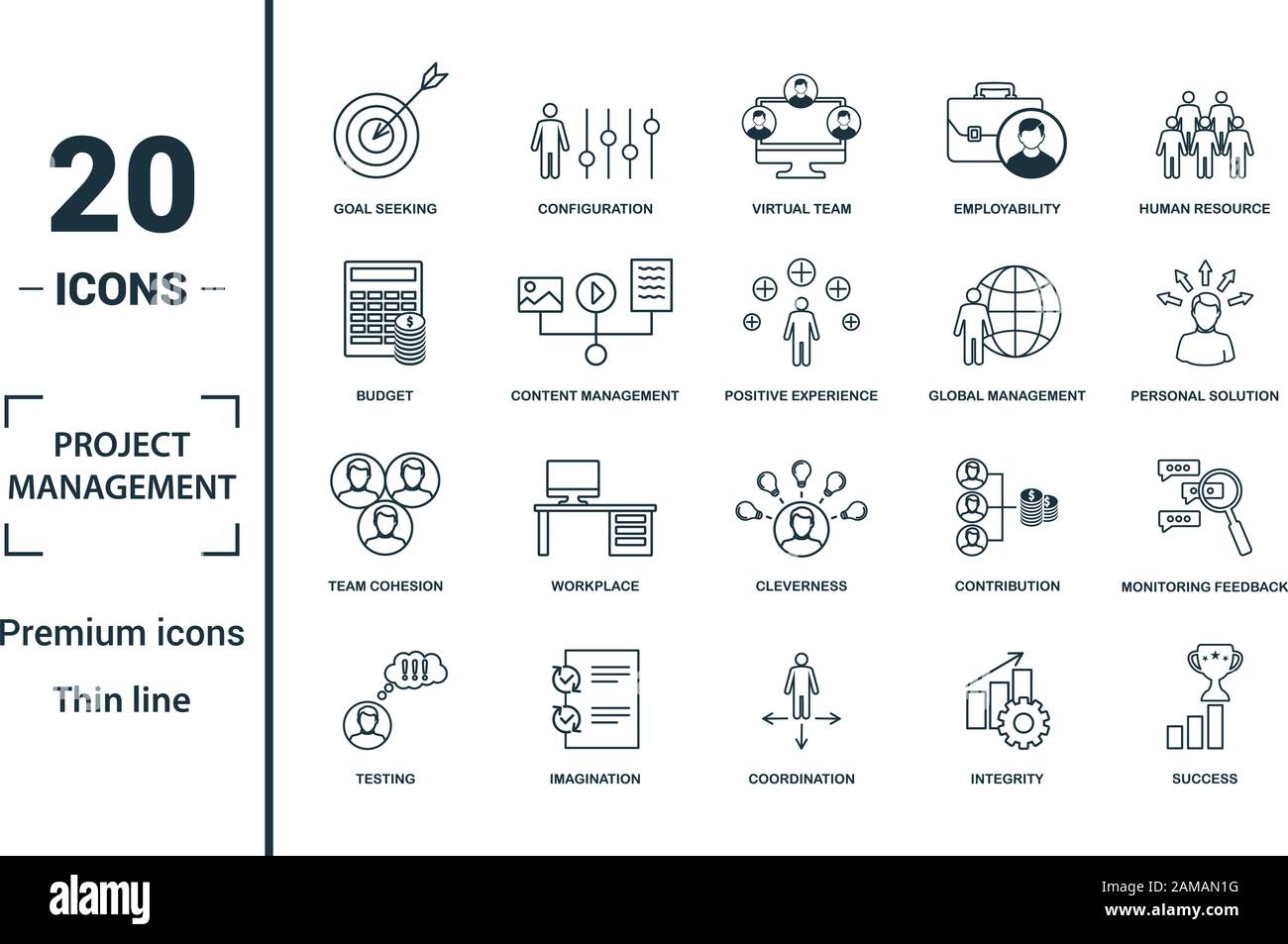 Gestion de projet icon set. Inclure des éléments créatifs à la recherche d'objectif, l'équipe virtuelle, budget, gestion globale, la cohésion de l'équipe d'icônes. Peut être utilisé pour Illustration de Vecteur