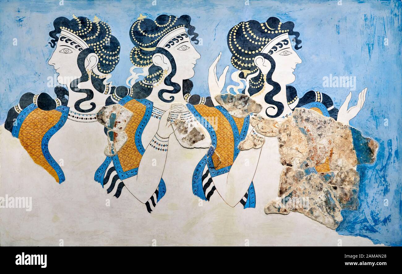 Minoan fresque murale d'art des femmes en bleu du Palais Knossos 1600-1450 av. J.-C. Musée Archéologique D'Héraklion. Les femmes en bleu Minoan fresco depi Banque D'Images