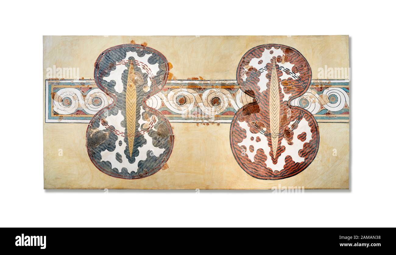 Minoan mur d'art fresco d'un 'figure de huit' bouclier du Palais Knossos, 1450-1300 BC. Musée Archéologique D'Héraklion. Fond Blanc. Le Fin Banque D'Images