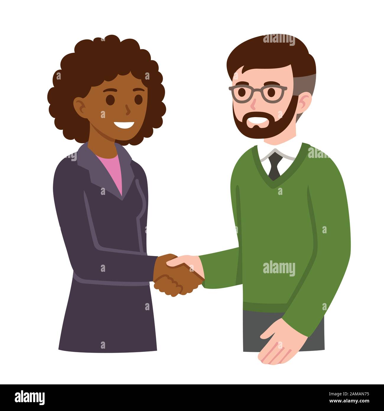 Femme d'affaires noire et homme blanc avec barbe et lunettes se secouant les mains. Personnes en réunion d'entreprise, communication sur le lieu de travail, entrevue d'emploi. Moderne c Illustration de Vecteur